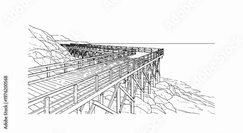 A wooden boardwalk winds along a rocky coast toward the sea