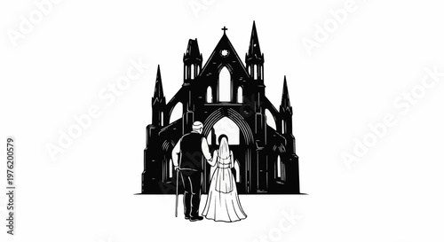 An elder and a bride approach a gothic church