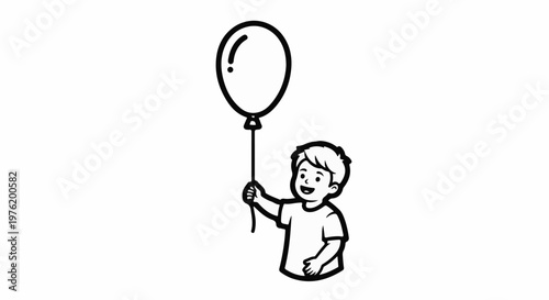 A simple line drawing of a child holding a balloon up high