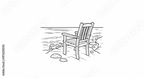 A wooden chair sits on a rocky shore facing calm water