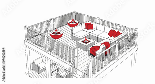 An elevated outdoor living space features a sectional sofa, fire pits, and a cozy blanket