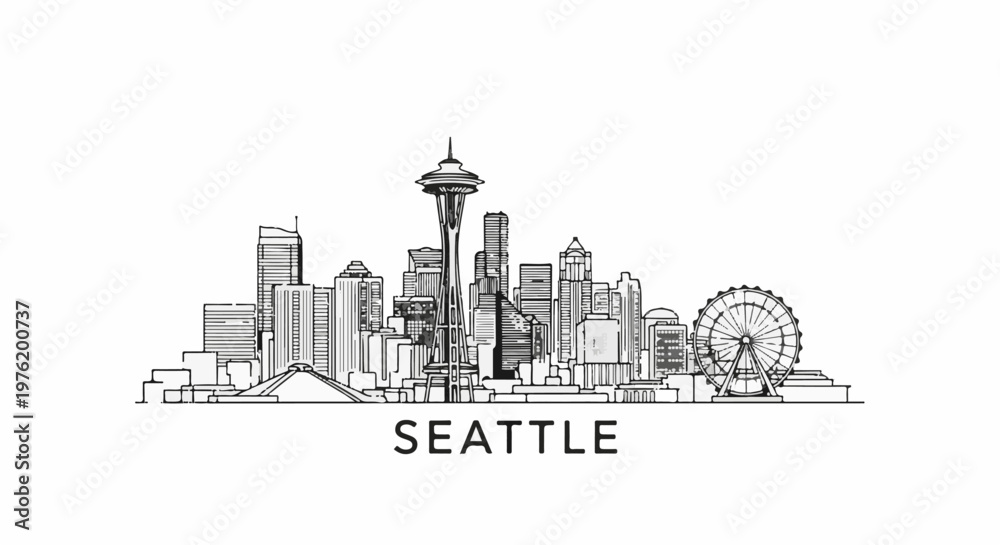 Fototapeta premium A minimalist line drawing of a city skyline featuring tall buildings and a Ferris wheel