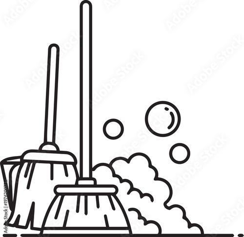 Broom and mop with soap bubbles for cleaning