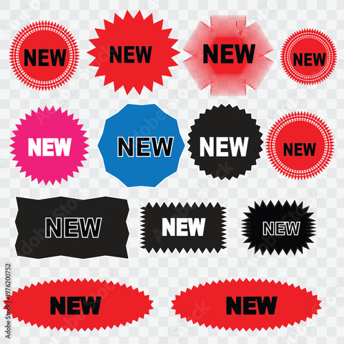 Set of new arrival badges and burst labels in various colors and styles