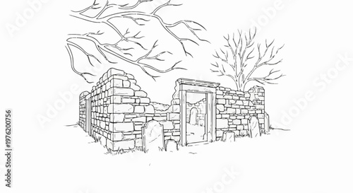 An old stone ruin with bare branches overhead and tombstones present