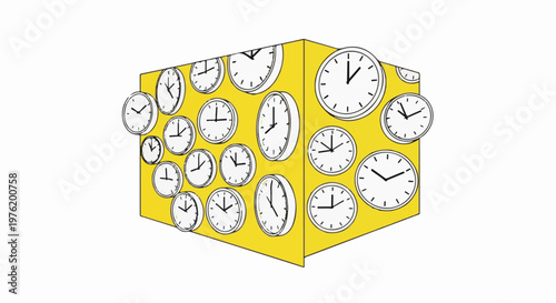 A yellow block covered in numerous round clocks, displayed from a 3D perspective