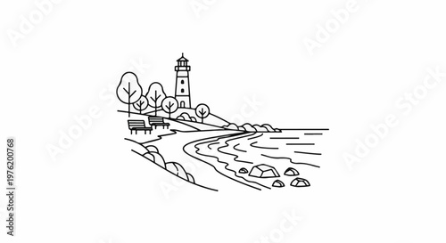 A minimalist line drawing of a coastal scene with a lighthouse
