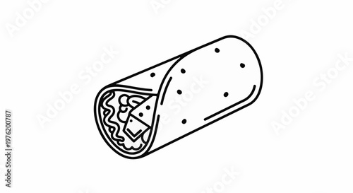 A minimalist line drawing of a filled burrito, rolled tightly and seen from an angled perspective