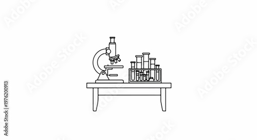 A minimalist line drawing of scientific equipment on a table