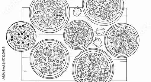 An overhead view of six detailed line drawings of pizzas and bell peppers