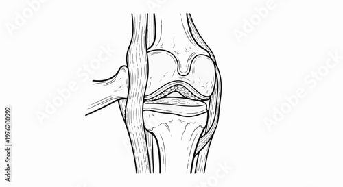 Anatomical illustration of a knee joint with bones, cartilage, and ligaments