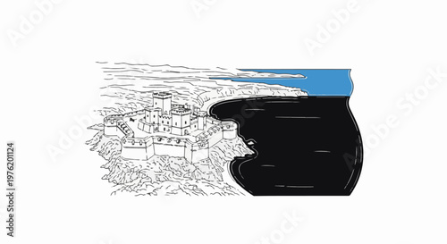 Ancient fortress on a rocky cliff overlooking dark sea and blue sky