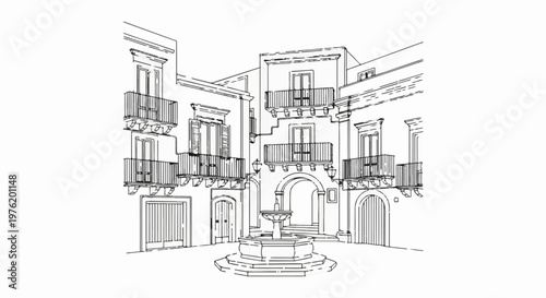 A monochromatic sketch of a European courtyard with a fountain