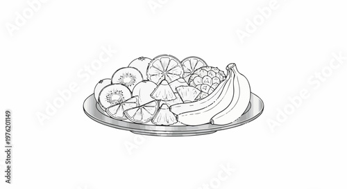 A monochrome drawing of a fruit platter featuring bananas, oranges, kiwi, and pineapple