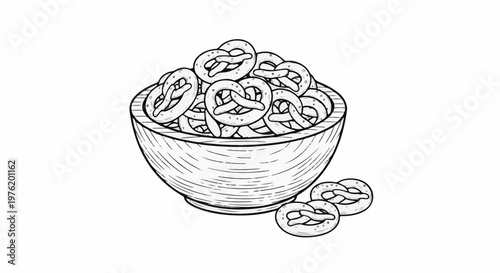 A wooden bowl overflows with pretzels, with some scattered on the side
