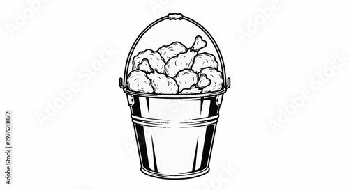 A monochrome illustration of a bucket brimming with fried chicken pieces