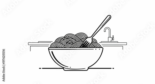 A simple line drawing shows a bowl of spaghetti with a fork and kitchen sink