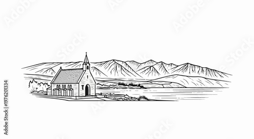 A simple line drawing shows a church in front of a lake and mountains