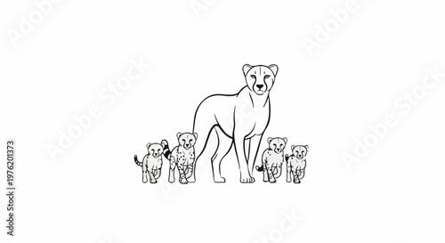 A mother cheetah stands tall, with four playful cubs gathered around her