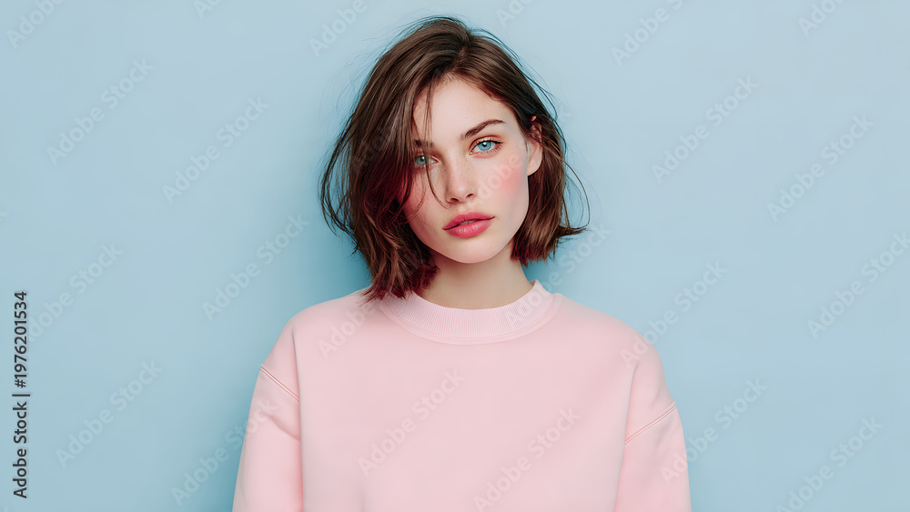 Obraz premium A photograph of a young woman with shoulder-length brown hair, fair skin, and green eyes, wearing a light pink sweater. She stands against a solid, pastel blue background.