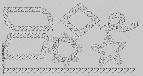 Rope frames and border on gray background, outline nautical