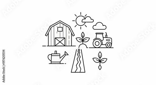 A simple outline graphic depicting a farm scene with a barn, tractor, plants, sun, and watering can