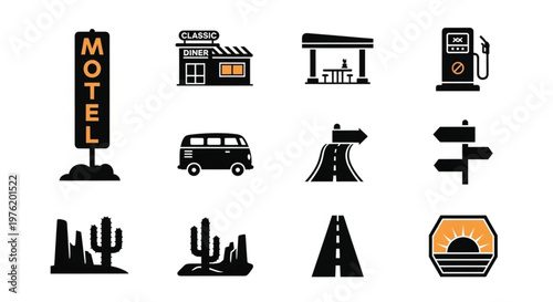 Vintage roadside poster collection with motel, diner, and gas station signs in 70s retro style. Travel themed vector illustration..eps