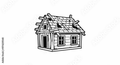 A simple, rough wooden house with a damaged, uneven roof and exposed beams