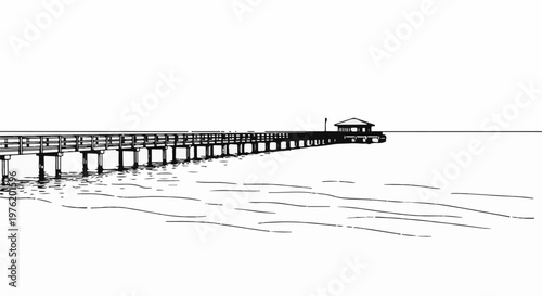 A simple sketch of a pier extending into the water with a small structure at its end