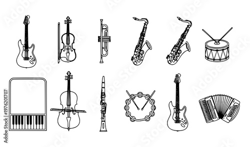 Minimalist musical instruments thin line icon set in black outline vector for education and music projects