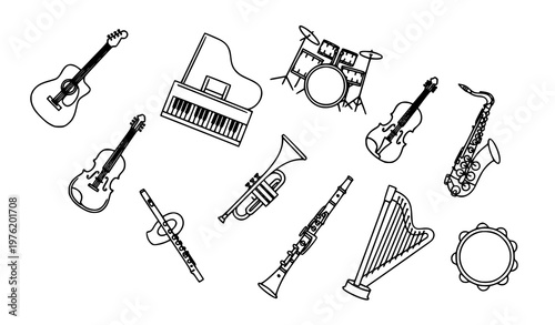 Flat thin line black outlined musical instruments icon set vector for apps and web design