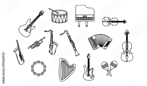 Circular layout musical instruments thin line icons in black outline vector for creative design