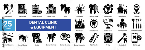 Dental Clinic Equipment icon set featuring dental tools,diagnostics,oral hygiene products and clinic elements suitable for healthcare and dental service design projects