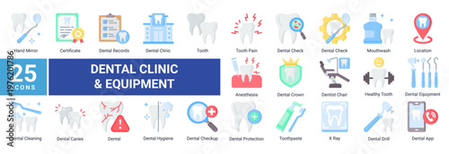 Dental Clinic Equipment icon set featuring dental tools,diagnostics,oral hygiene products and clinic elements suitable for healthcare and dental service design projects