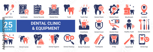Dental Clinic Equipment icon set featuring dental tools,diagnostics,oral hygiene products and clinic elements suitable for healthcare and dental service design projects