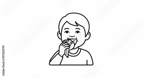 A simplified black and white illustration of a person biting into a sandwich
