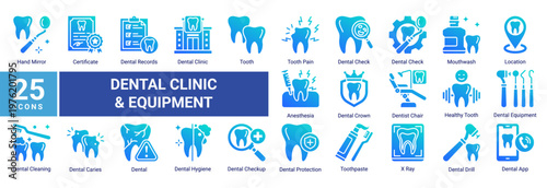 Dental Clinic Equipment icon set featuring dental tools,diagnostics,oral hygiene products and clinic elements suitable for healthcare and dental service design projects