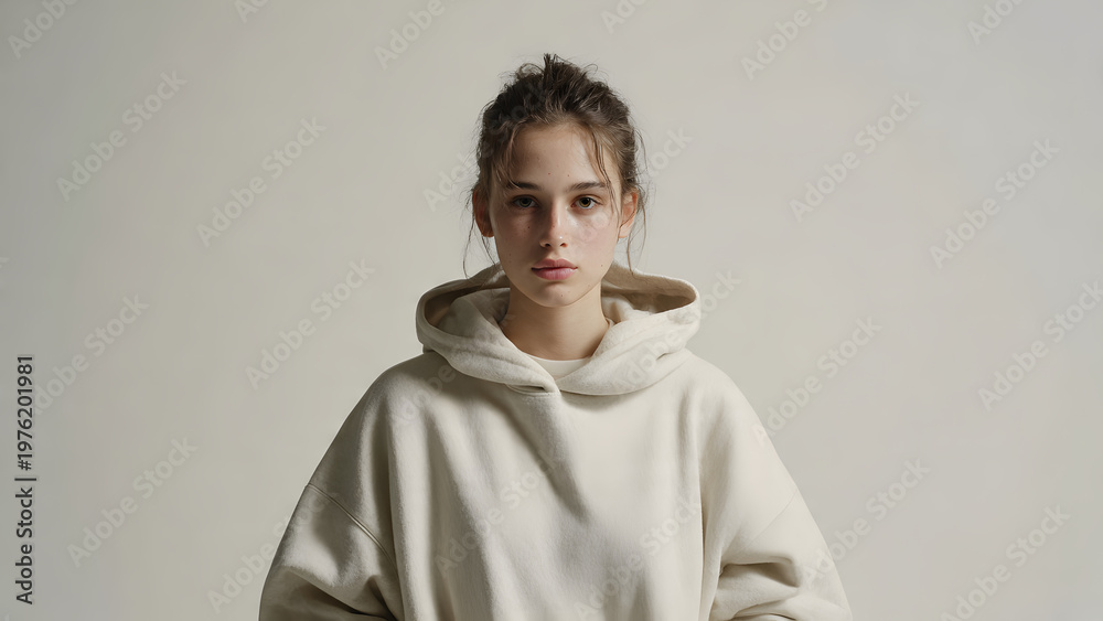 Fototapeta premium Photograph of a young woman with fair skin and dark hair tied back, wearing a cream-colored hoodie, standing against a plain, light gray background.