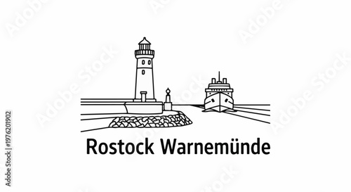 A simplified line drawing depicts a lighthouse, a ship, and text that reads "Rostock Warnemünde