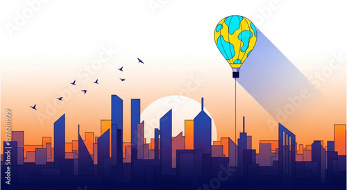Global Journey Concept A vibrant cityscape silhouette at sunset or sunrise with a world map hot air balloon symbolizing urban exploration and future aspirations