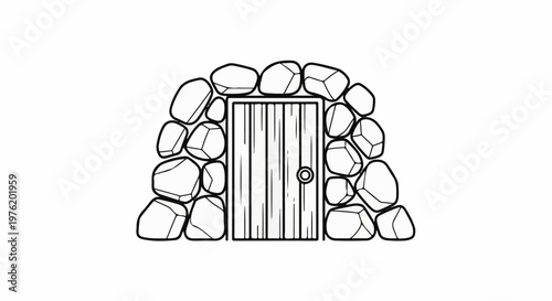 A simplistic black and white illustration of a wooden door set in a stone archway
