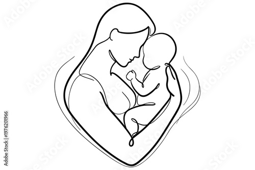 Beautiful line art illustration of a mother holding her baby, representing love, family, and nurturing care