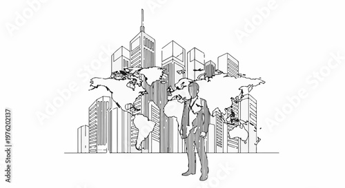 A sketch of a businessman against a world map overlaying city buildings
