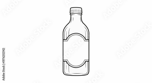 A sketch of a clear glass bottle with a label and cap