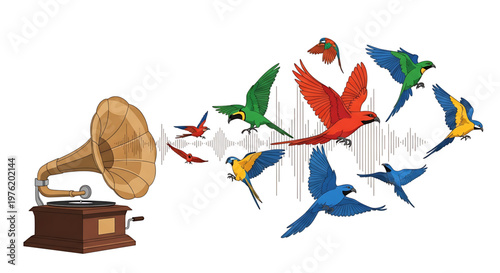 A colorful illustration of a gramophone with vibrant birds flying out of it, symbolizing the joy of music and freedom.