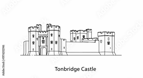 A simplified line drawing of a large stone castle with multiple towers and walls