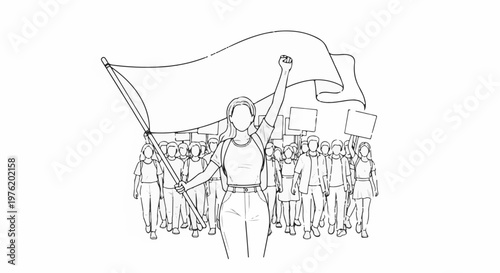 A sketch of a diverse group marching with flags and signs, unified
