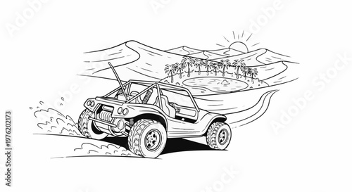 A sketch of a dune buggy driving through sandy terrain with palm trees and a body of water