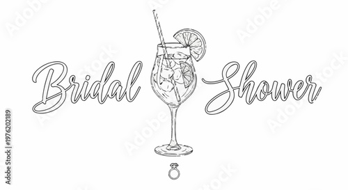 A sketch of a fancy cocktail with "Bridal Shower" text and a ring