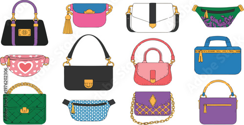 set of colorful bags isolated